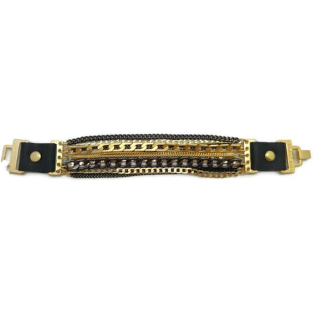 HAGAR SATAT Black & Gold Multi Chain Designed Black Leather Bracelet NWT
